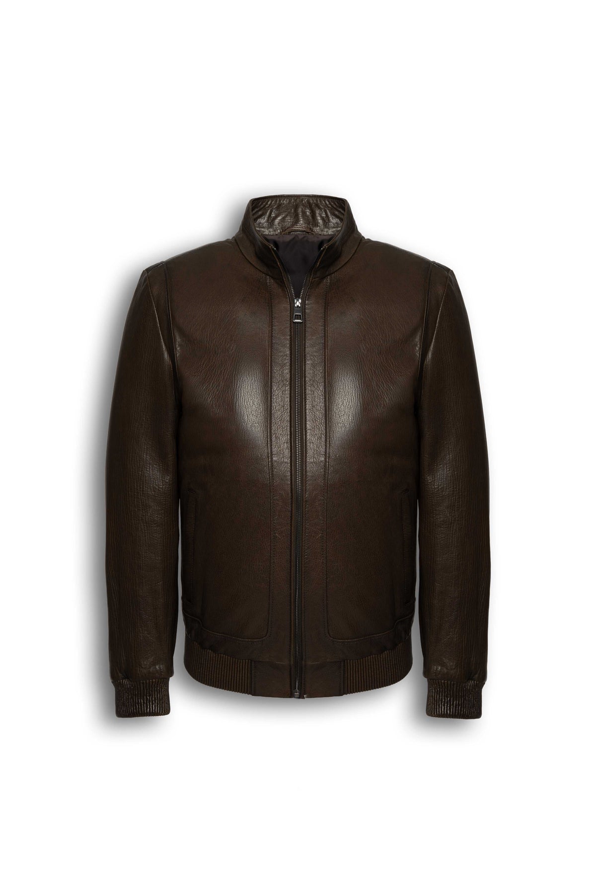 Hudson dark brown leather bomber jacket made from premium lambskin with rib-knit cuffs and stand collar