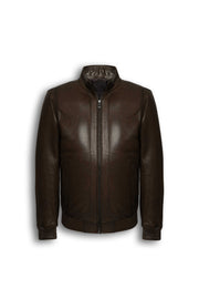 Hudson dark brown leather bomber jacket made from premium lambskin with rib-knit cuffs and stand collar