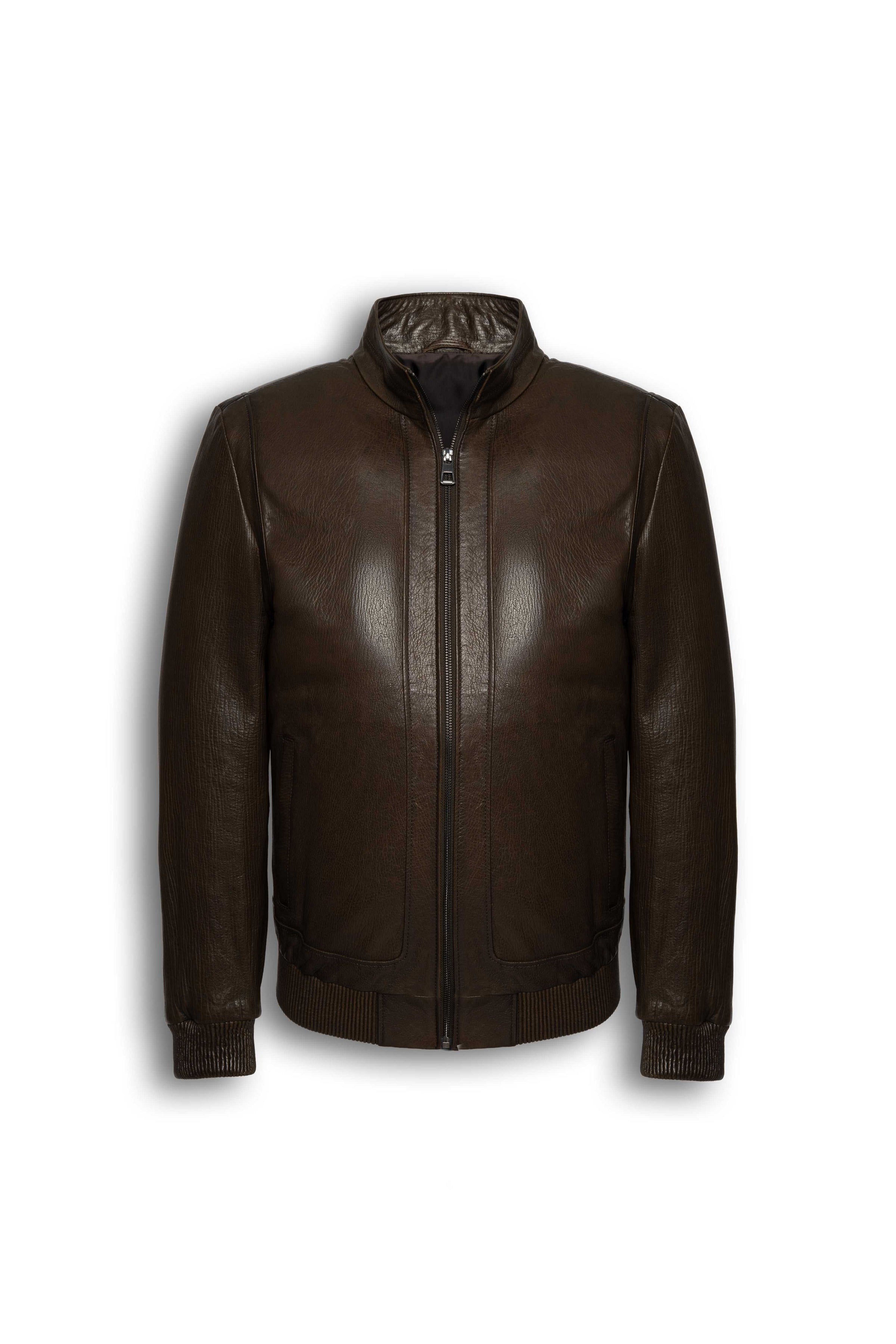 Hudson dark brown leather bomber jacket made from premium lambskin with rib-knit cuffs and stand collar