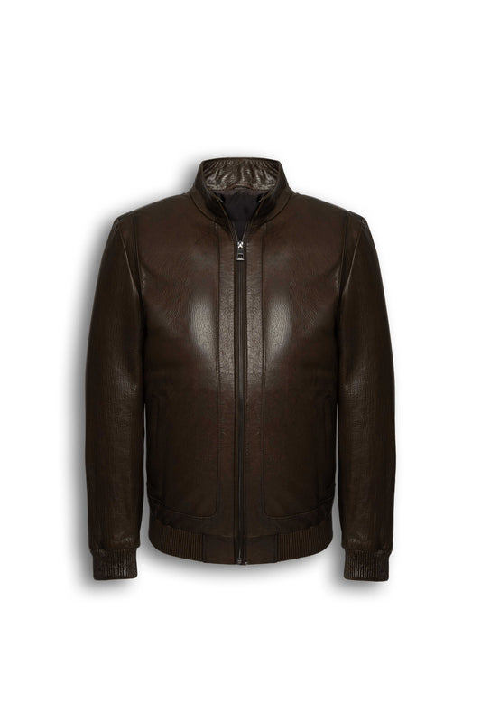 Hudson dark brown leather bomber jacket made from premium lambskin with rib-knit cuffs and stand collar