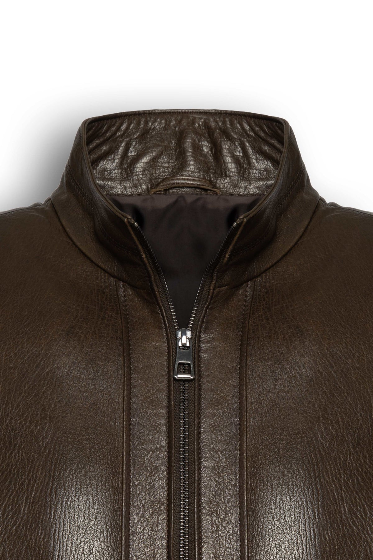 Hudson Dark Brown Leather Bomber Jacket made from premium lambskin with rib-knit cuffs and structured collar