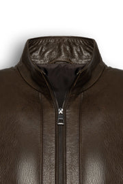 Hudson Dark Brown Leather Bomber Jacket made from premium lambskin with rib-knit cuffs and structured collar