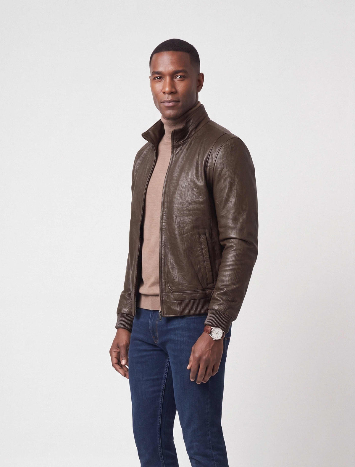 Hudson Dark Brown Leather Bomber Jacket in lambskin with stand collar and rib-knit cuffs