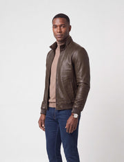 Hudson Dark Brown Leather Bomber Jacket in lambskin with stand collar and rib-knit cuffs