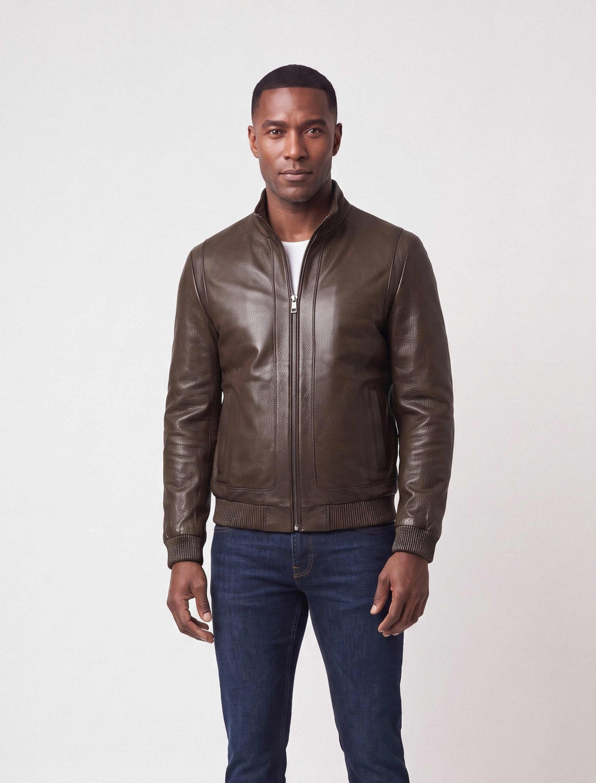 Hudson Dark Brown Leather Bomber Jacket handcrafted from premium lambskin with stand collar and rib-knit cuffs