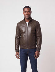 Hudson Dark Brown Leather Bomber Jacket handcrafted from premium lambskin with stand collar and rib-knit cuffs