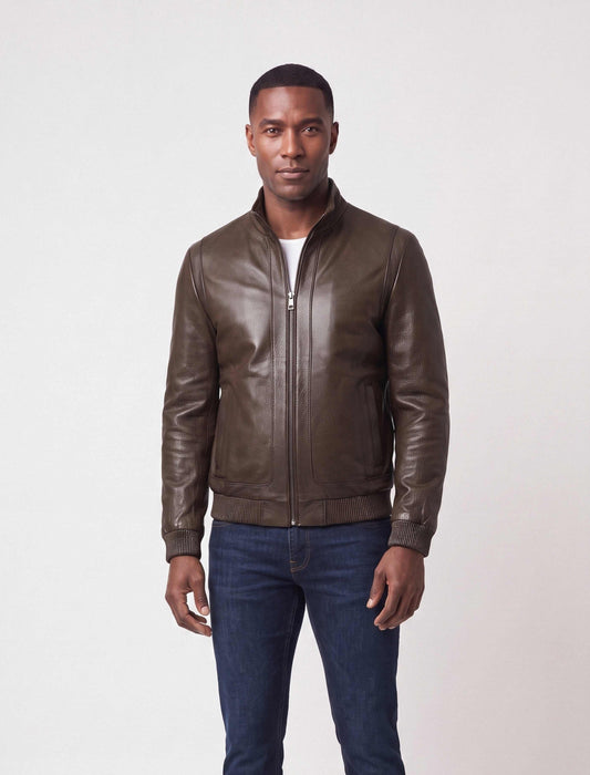 Hudson Dark Brown Leather Bomber Jacket handcrafted from premium lambskin with stand collar and rib-knit cuffs