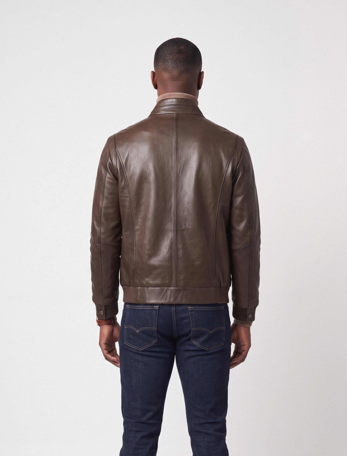 Hudson Dark Brown Leather Bomber Jacket made from genuine lambskin with stand collar and rib-knit cuffs