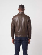 Hudson Dark Brown Leather Bomber Jacket made from genuine lambskin with stand collar and rib-knit cuffs