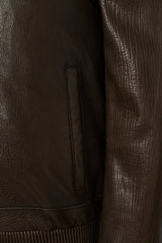 Hudson Dark Brown Leather Bomber Jacket made from premium lambskin with rib-knit cuffs and structured collar