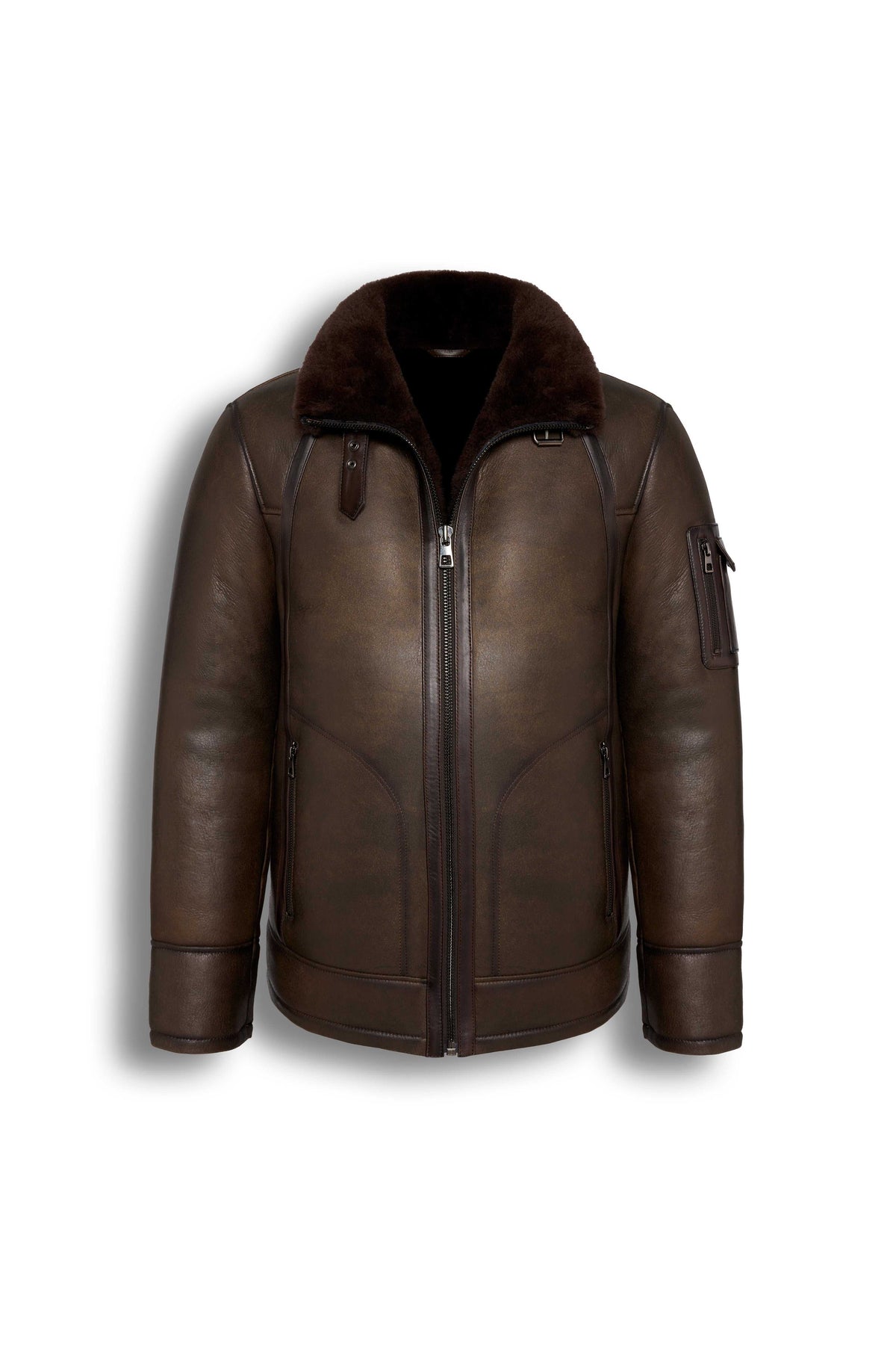 Hudson Shearling Aviator jacket in dark brown distressed leather with shearling collar and interior, featuring shoulder paneling and utility sleeve pocket.