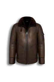 Hudson Shearling Aviator jacket in dark brown distressed leather with shearling collar and interior, featuring shoulder paneling and utility sleeve pocket.