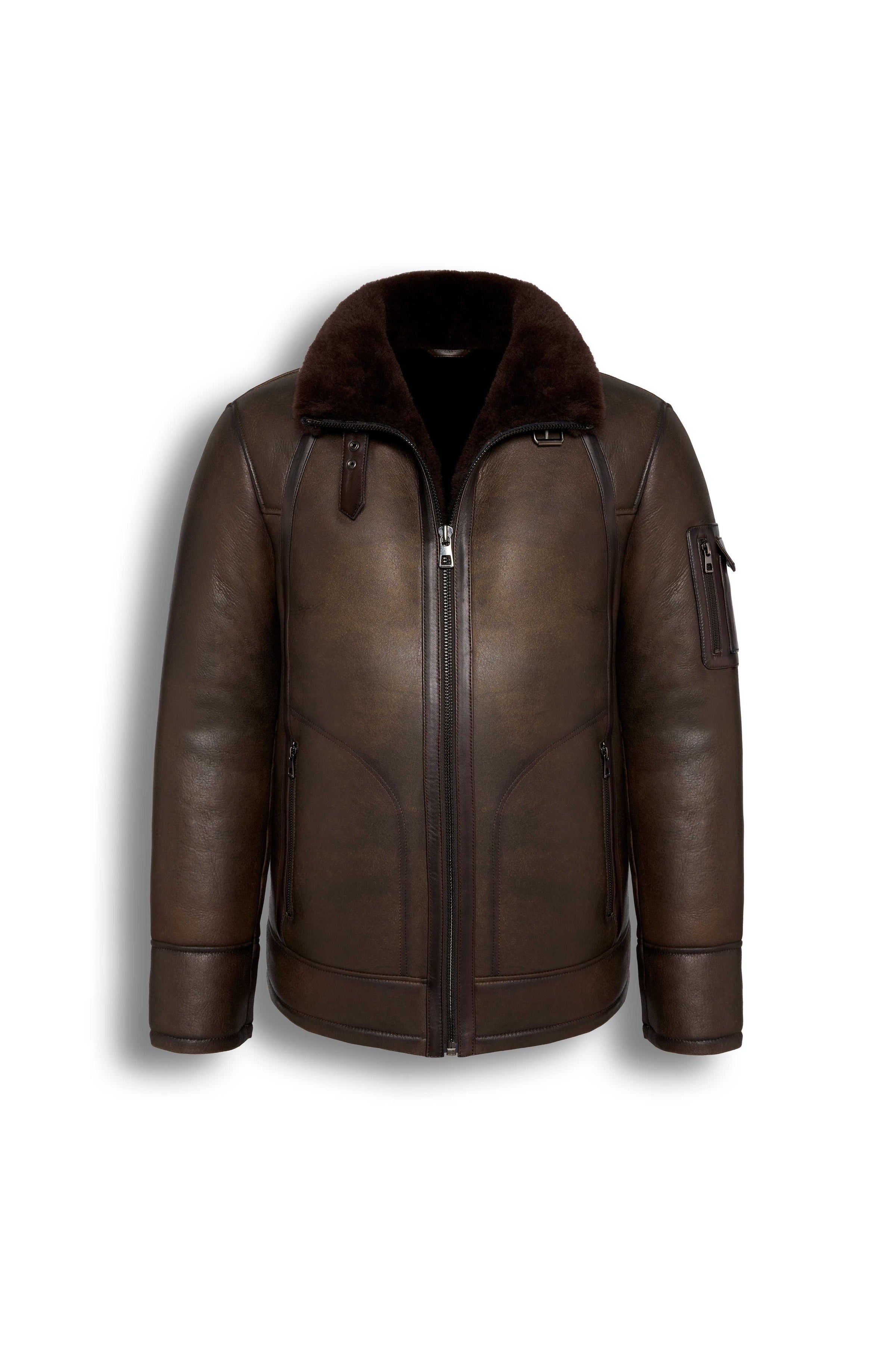 Hudson Shearling Aviator jacket in dark brown distressed leather with shearling collar and interior, featuring shoulder paneling and utility sleeve pocket.