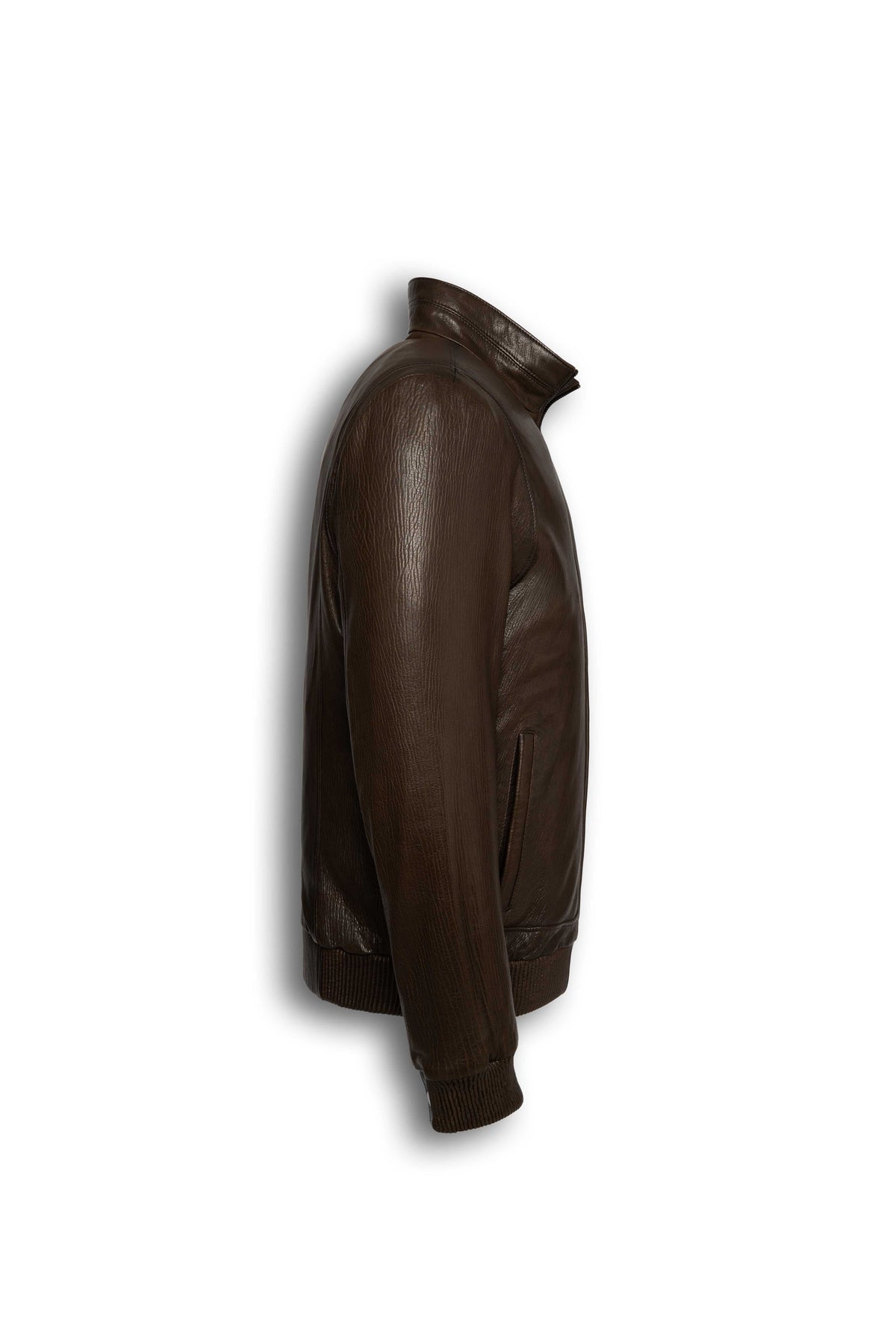 Hudson Dark Brown Leather Bomber Jacket made from premium lambskin with rib-knit cuffs and satin lining