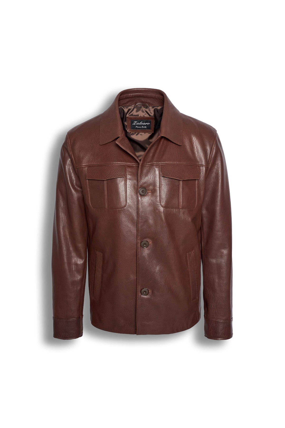 Men's Hudson Leather Overshirt in rich brown full-grain leather with chest and hand pockets, showcasing tailored elegance and timeless craftsmanship.