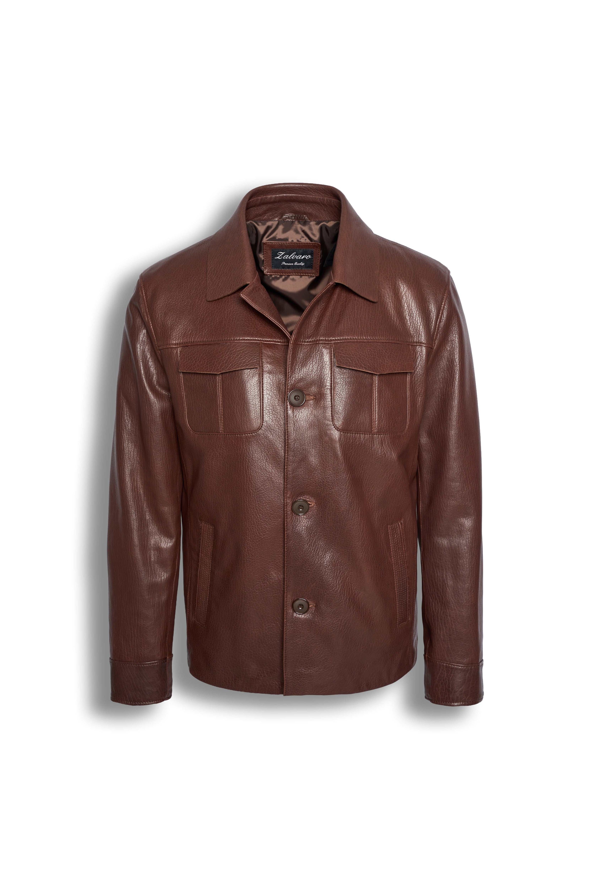 Men's Hudson Leather Overshirt in rich brown full-grain leather with chest and hand pockets, showcasing tailored elegance and timeless craftsmanship.