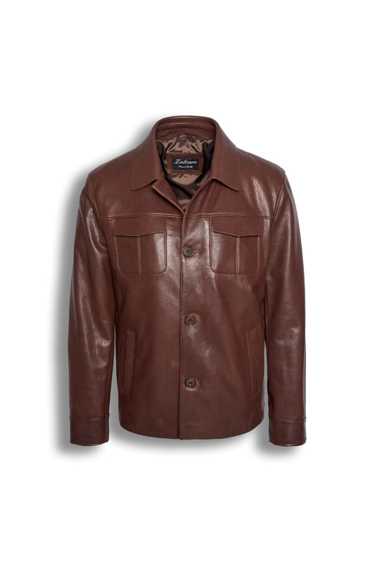 Men's Hudson Leather Overshirt in rich brown full-grain leather with chest and hand pockets, showcasing tailored elegance and timeless craftsmanship.