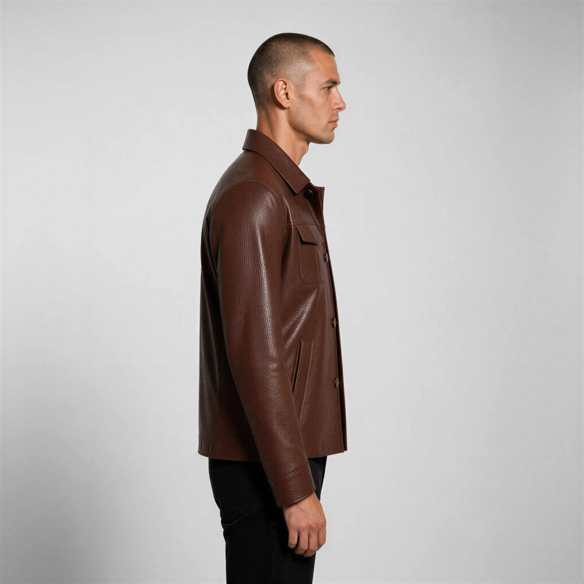 Hudson Leather Overshirt in rich brown full-grain leather with chest and hand pockets, tailored silhouette, and premium craftsmanship
