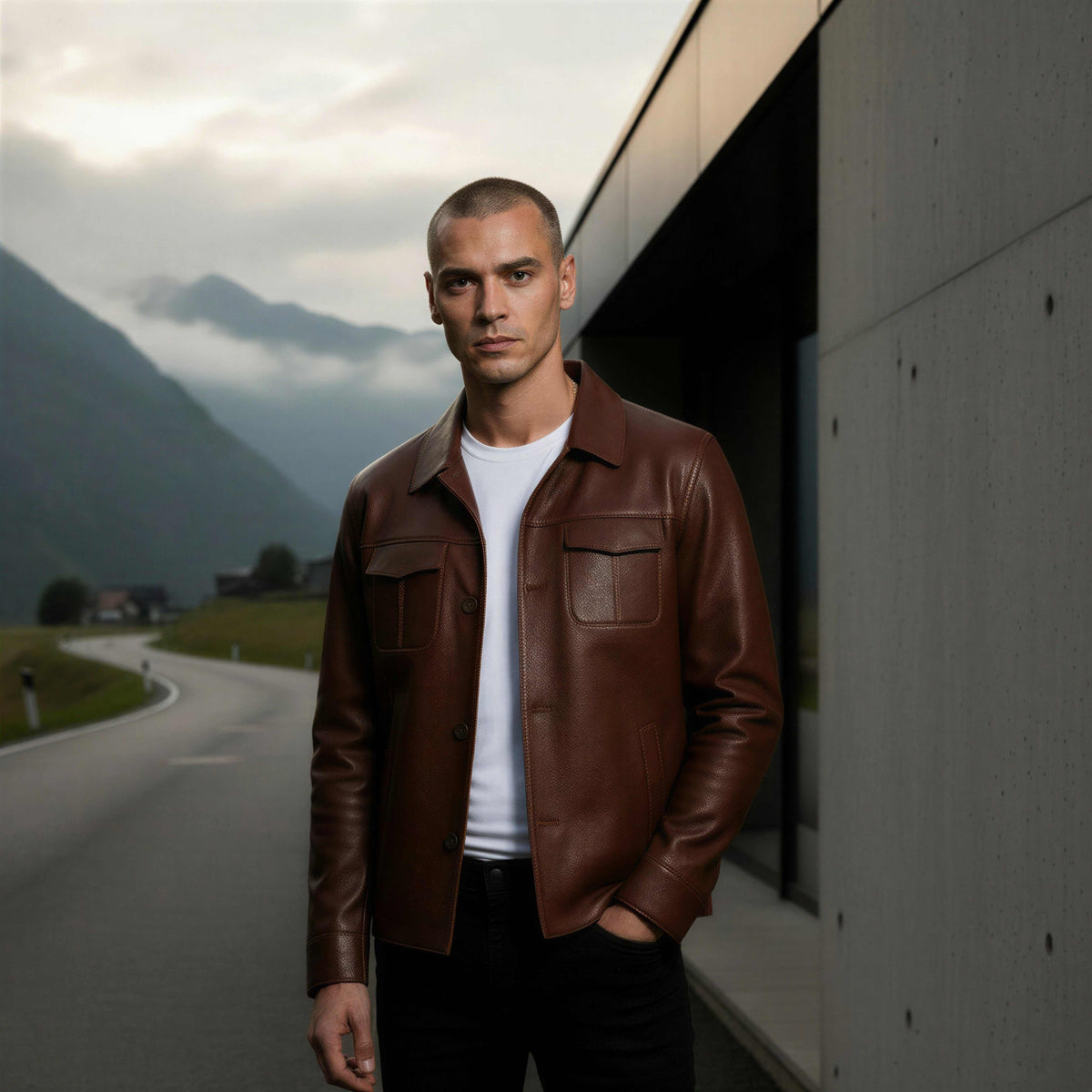 Hudson Leather Overshirt in rich brown genuine leather with flap chest pockets and tailored fit