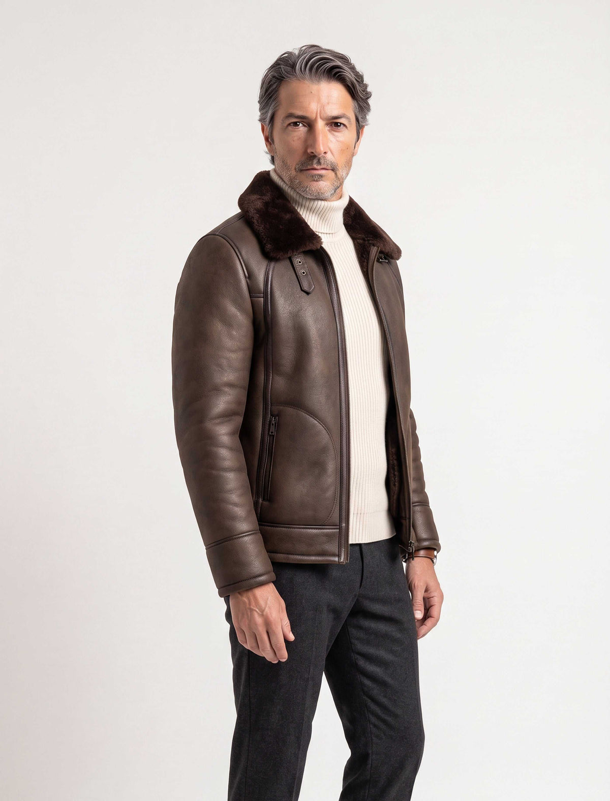 Dark brown Hudson Shearling Aviator leather jacket with shearling collar and distressed finish