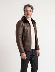 Dark brown Hudson Shearling Aviator leather jacket with shearling collar and distressed finish