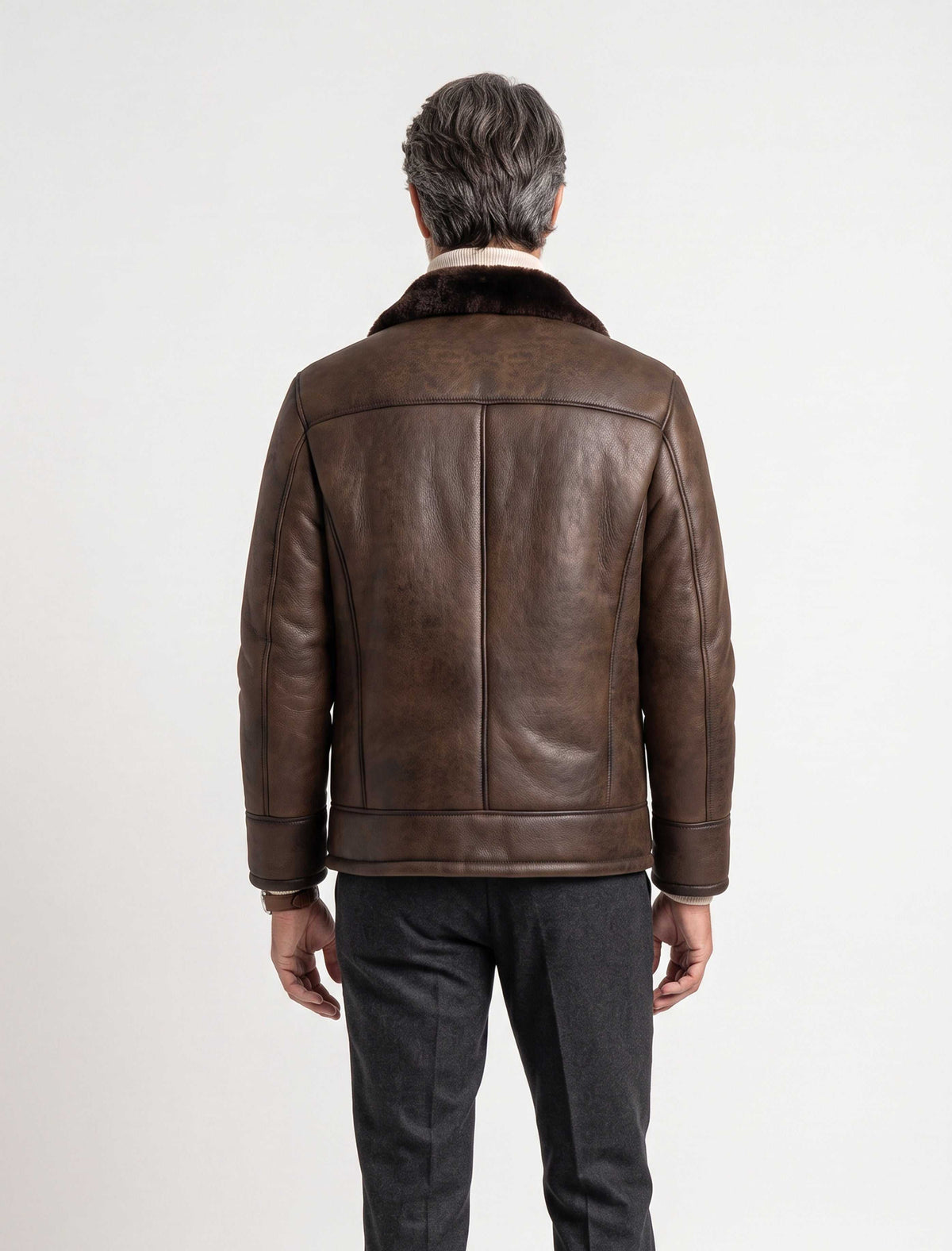 Dark brown Hudson Shearling Aviator leather jacket with shearling collar and distressed finish