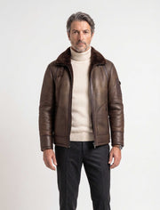 Hudson Shearling Aviator leather jacket in dark brown with shearling collar and premium genuine sheepskin