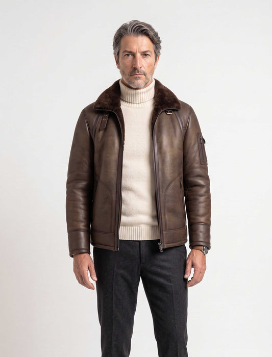 Hudson Shearling Aviator leather jacket in dark brown with shearling collar and premium genuine sheepskin