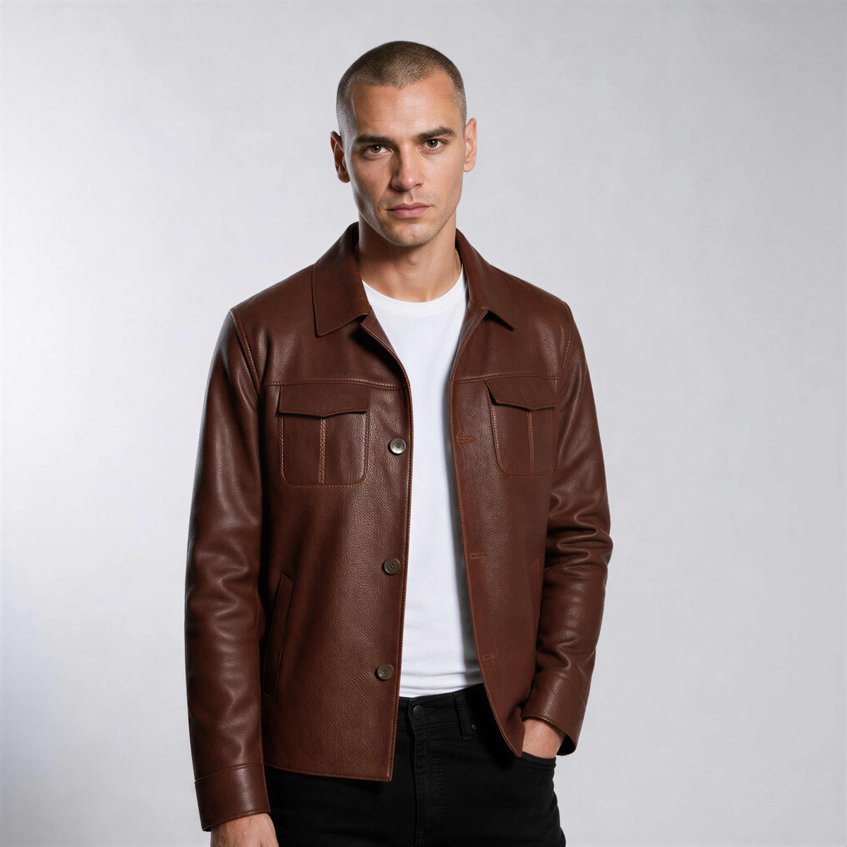Hudson Leather Overshirt in rich brown genuine leather with flap chest pockets and tailored fit