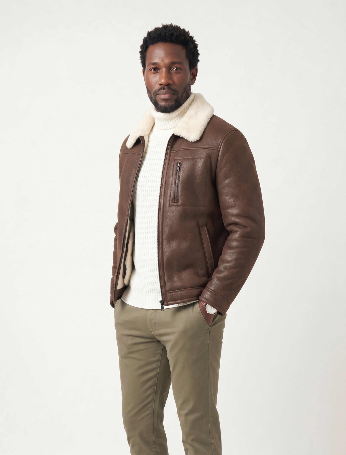Hudson Brown Merino Shearling Leather Jacket with rich brown leather and soft Merino shearling interior