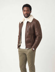 Hudson Brown Merino Shearling Leather Jacket with rich brown leather and soft Merino shearling interior