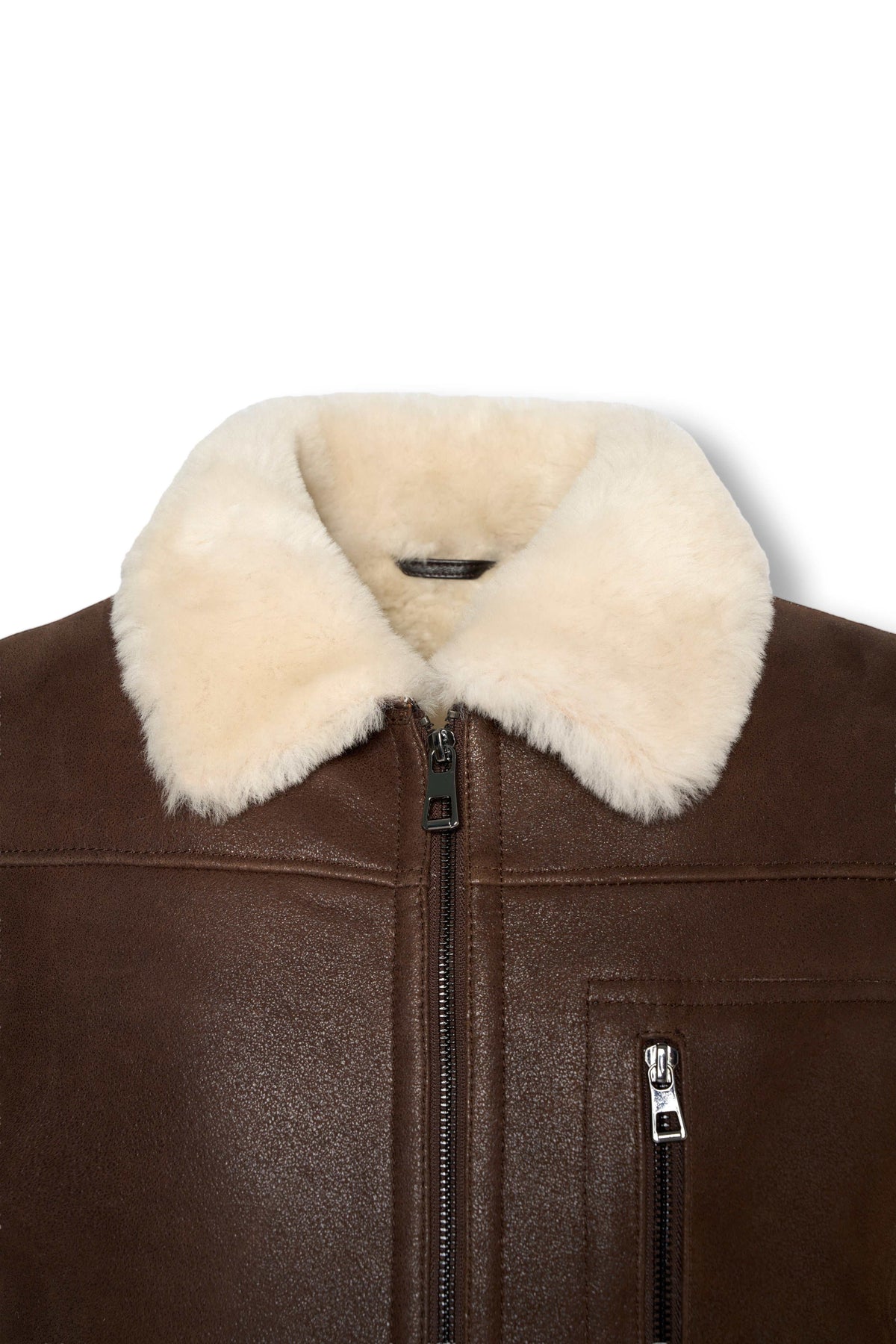 Hudson Brown Merino Shearling Leather Jacket with rich brown leather and soft shearling lining