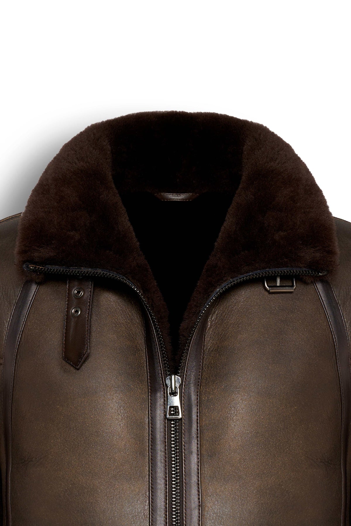 Dark brown Hudson Shearling Aviator leather jacket with shearling collar and detailed stitching