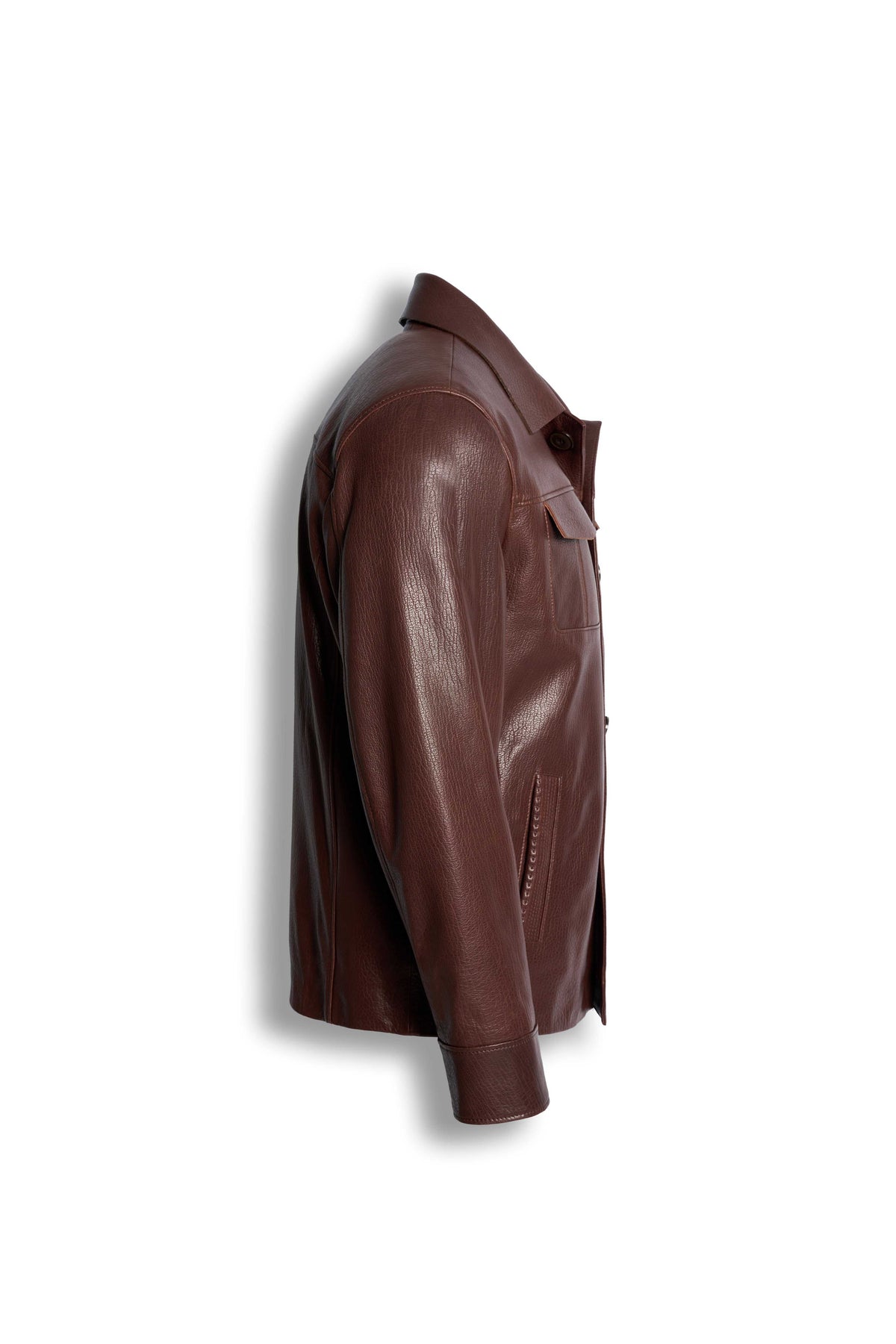 Men's Hudson Leather Overshirt in rich brown genuine leather with flap chest pockets and tailored fit
