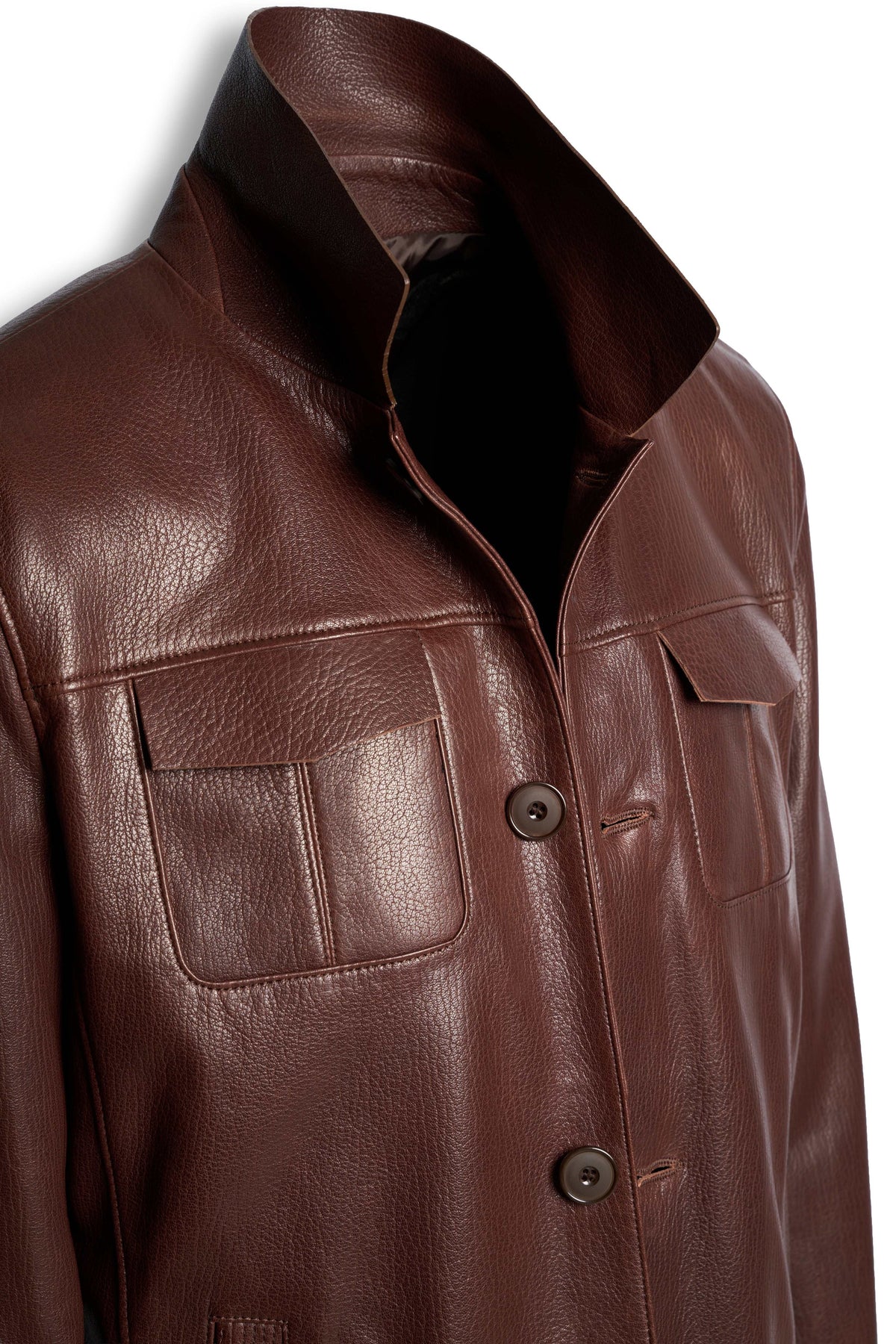 Hudson Leather Overshirt in rich brown full-grain leather with chest and side pockets, showcasing tailored craftsmanship and timeless style