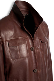 Hudson Leather Overshirt in rich brown full-grain leather with chest and side pockets, showcasing tailored craftsmanship and timeless style