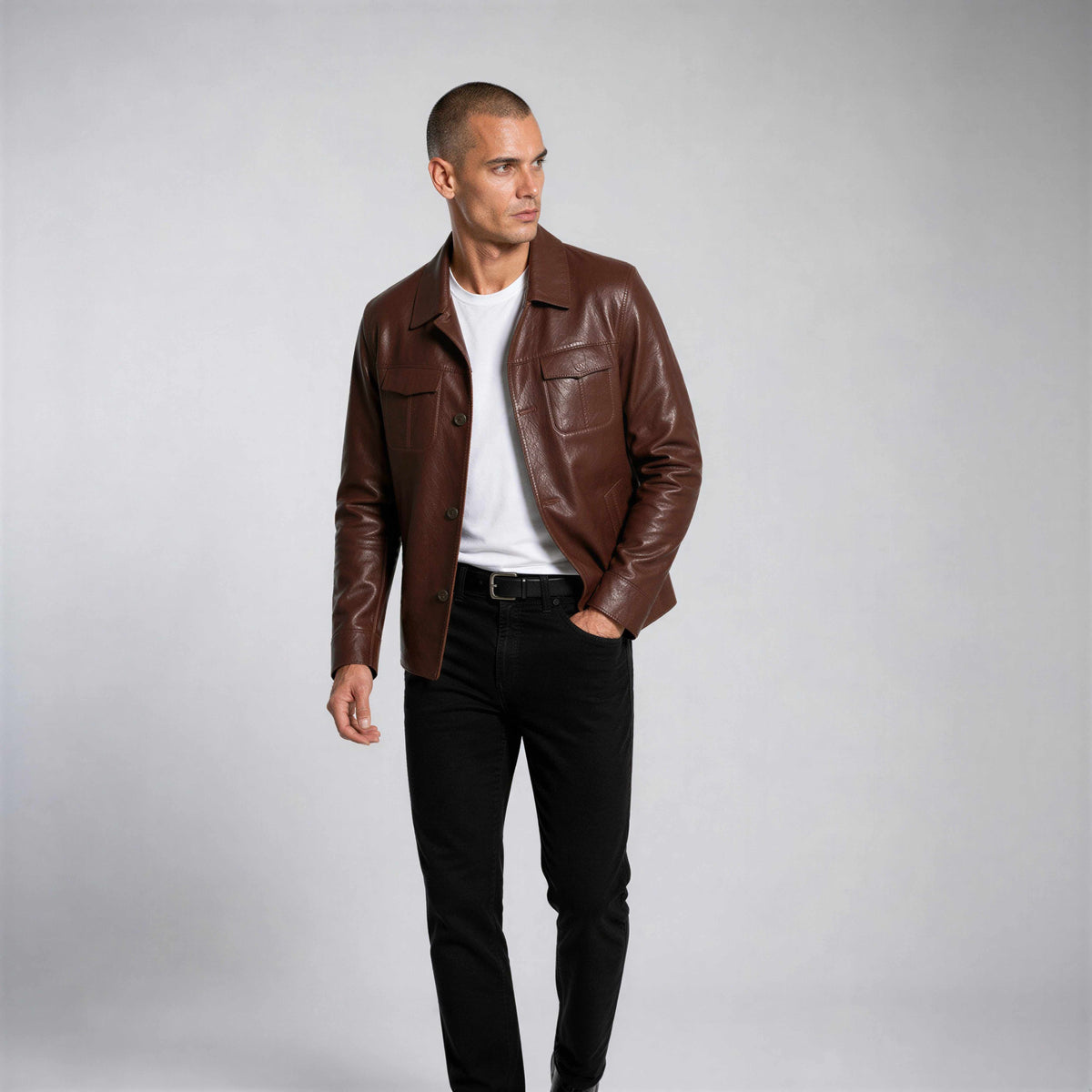 Men's Hudson Leather Overshirt in rich brown genuine leather with chest and hand pockets, showcasing craftsmanship and timeless style
