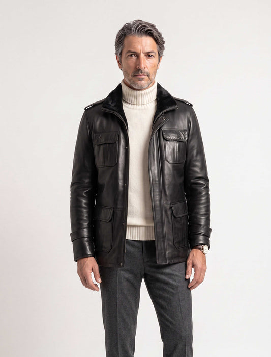 Hunter Field Leather Jacket black shearling lined luxury field jacket