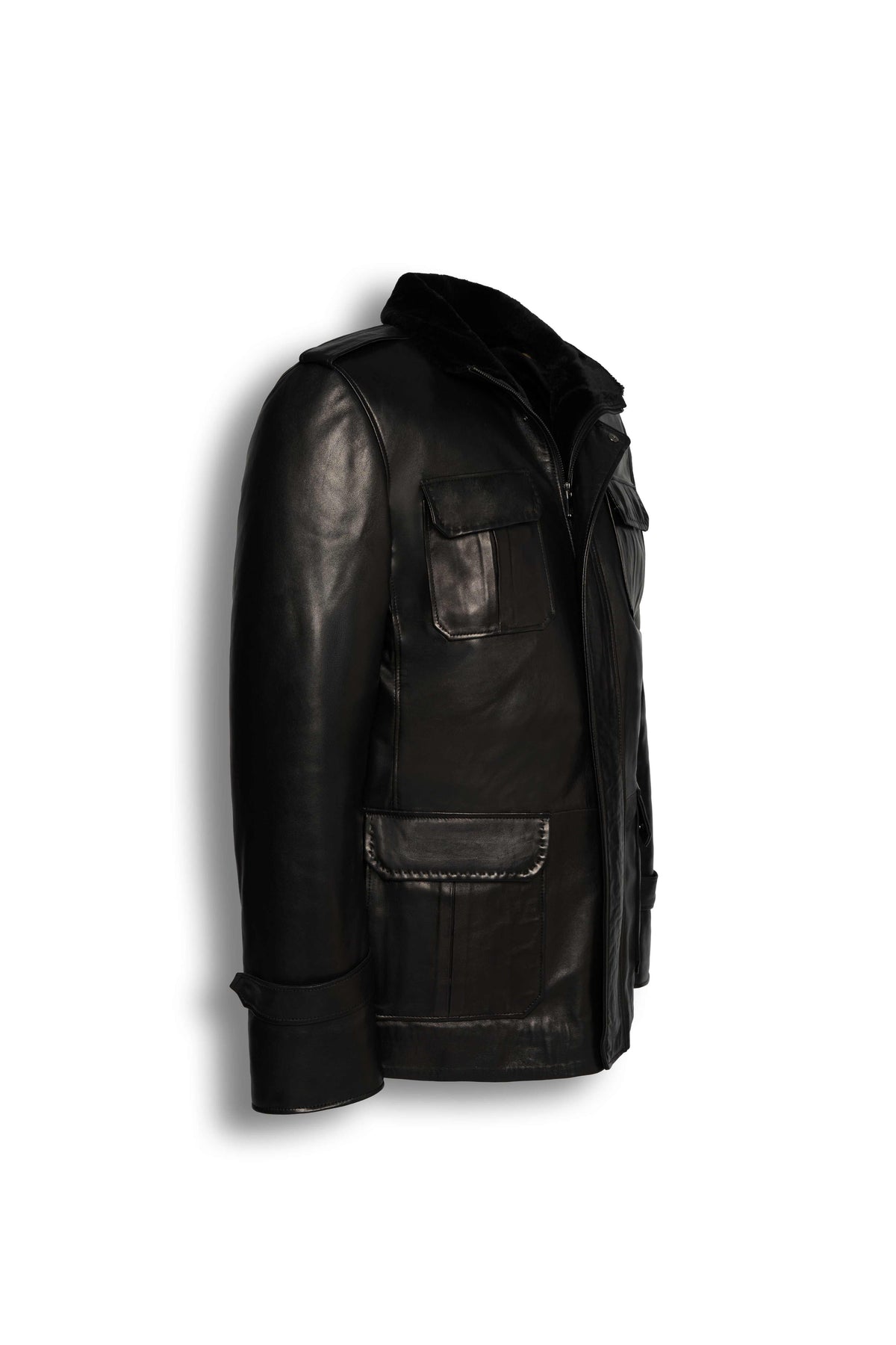 Black Hunter Field Leather Jacket with shearling lining and premium leather craftsmanship