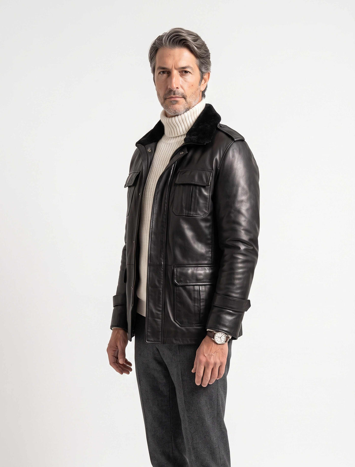 Hunter Field Leather Jacket black shearling lined premium genuine leather