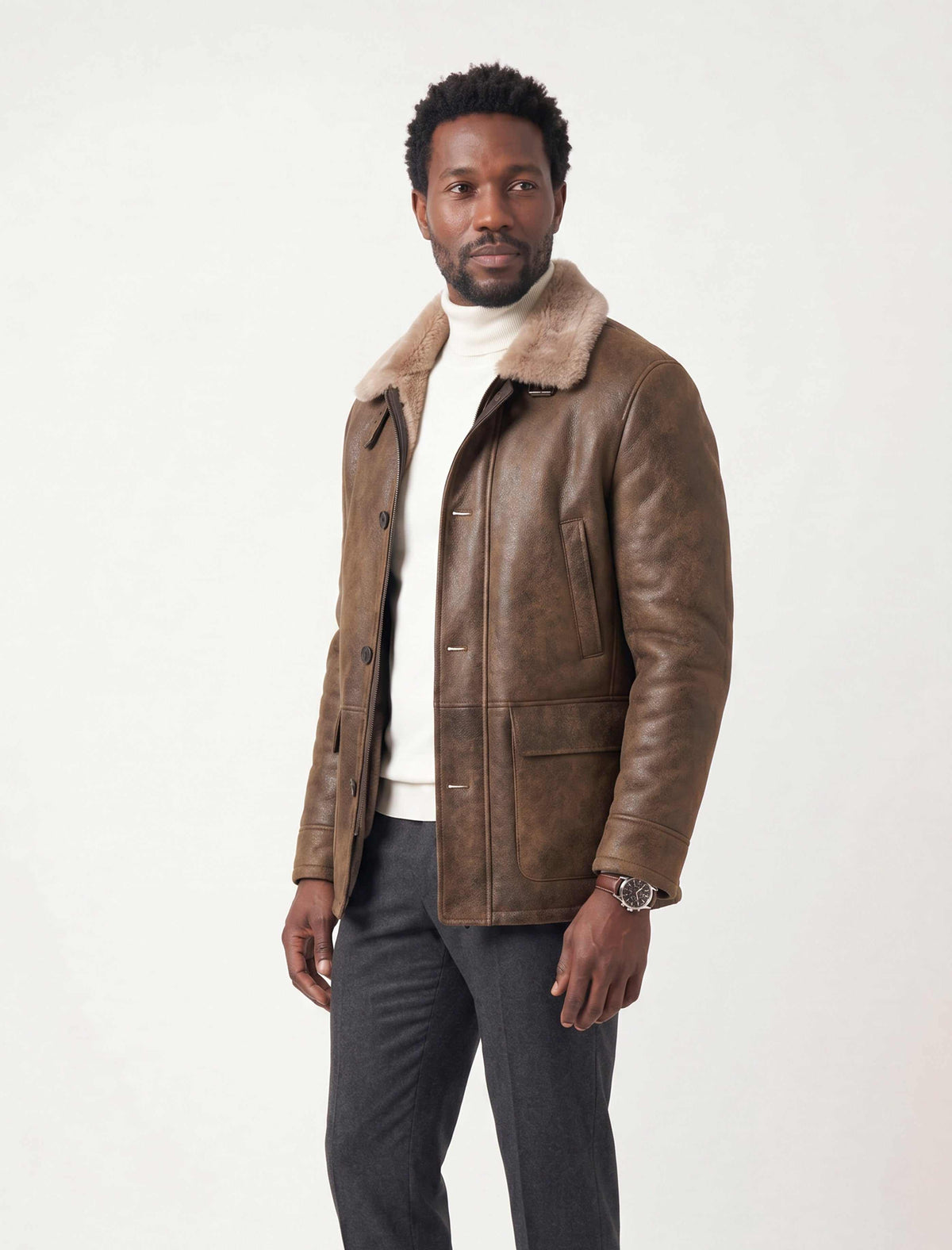 Kensington Shearling Leather Jacket in saddle brown with natural shearling wool lining and classic British outerwear style