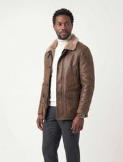 Kensington Shearling Leather Jacket in saddle brown with natural shearling wool lining and classic British outerwear style
