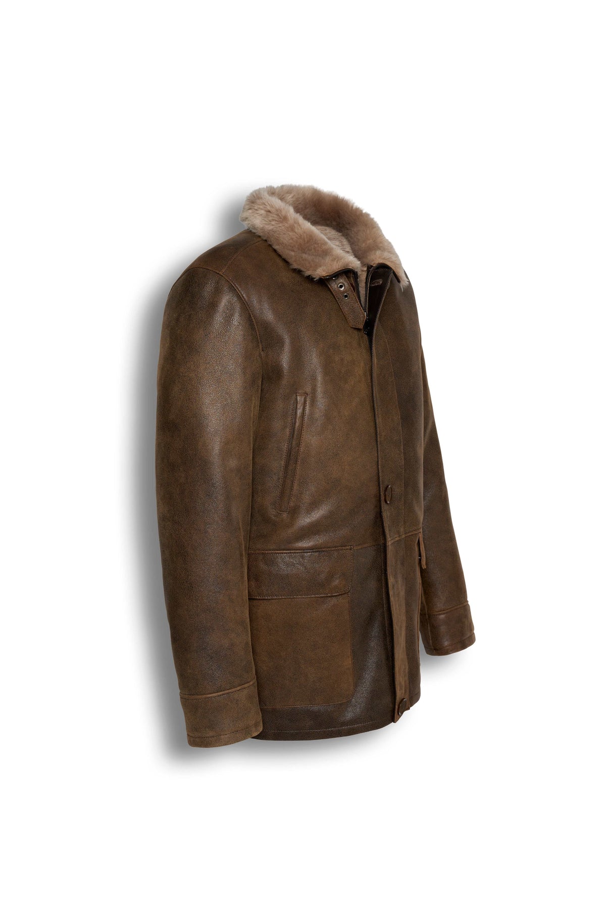 Kensington Shearling Leather Jacket in saddle brown with natural shearling lining and classic British design