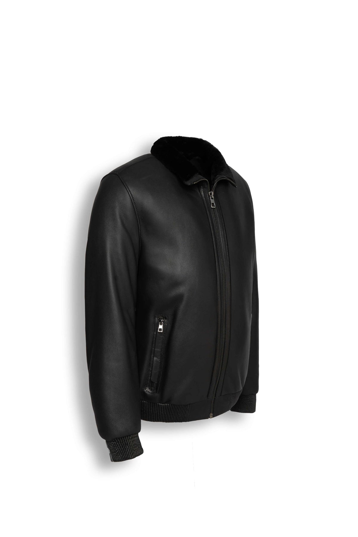 Noir Shearling Leather Bomber Jacket with soft shearling collar and premium metal hardware
