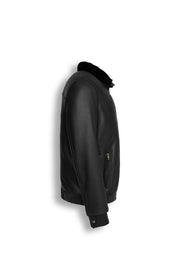 Noir shearling leather bomber jacket with soft shearling collar and premium detailing