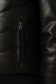 Noir Quilted Shearling Leather Bomber jacket with tailored fit, shearling collar, and premium lamb leather craftsmanship