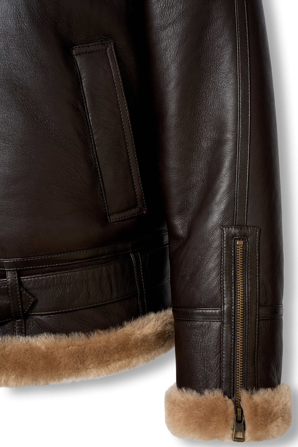 Heritage B3 dark brown shearling leather jacket with camel collar and heavy-duty zipper