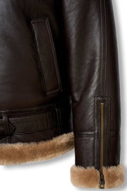 Heritage B3 dark brown shearling leather jacket with camel collar and heavy-duty zipper