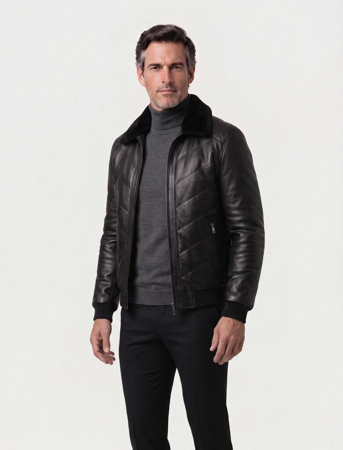 Noir Quilted Shearling Leather Bomber jacket with lamb leather and shearling collar, tailored fit for winter