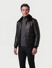 Noir Quilted Shearling Leather Bomber jacket with lamb leather and shearling collar, tailored fit for winter